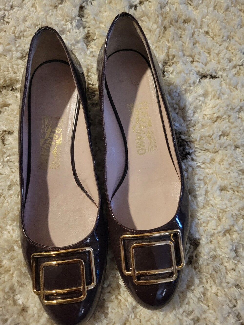 Salvatore Ferragamo Dark Brown Patent Leather Flats with Gold Buckle - Picture 3 of 16